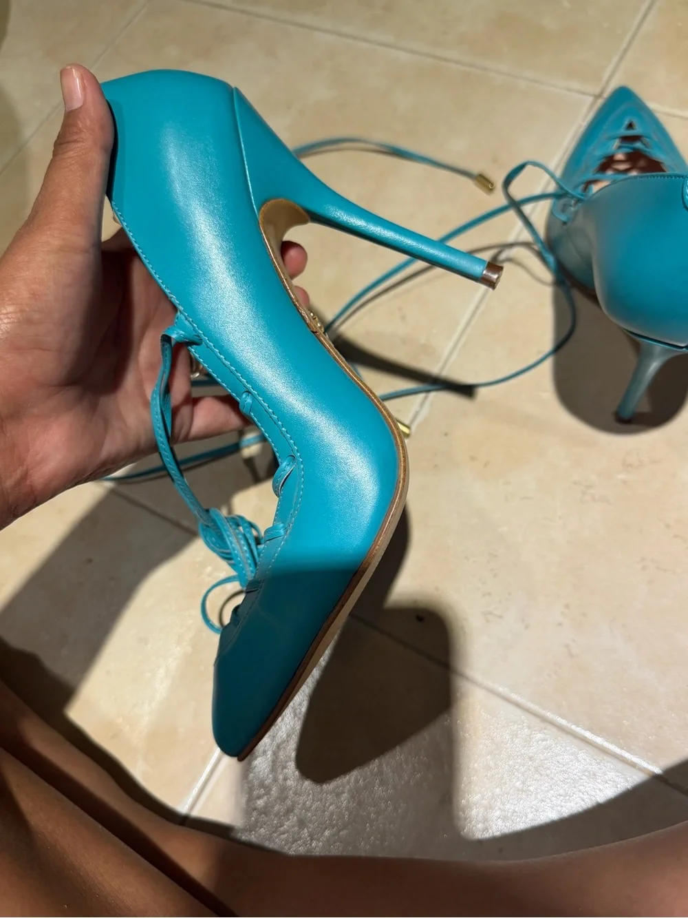Andrea Turquoise Lace-Up Pointed Toe Stiletto Heels leather